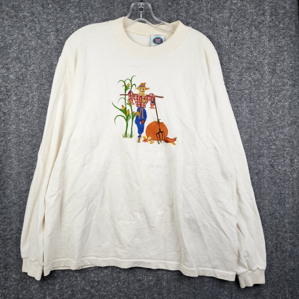 Threads on Threads Scarecrow Shirt‎ Unisex 2 Cream Good Vintage Embroidered Fall